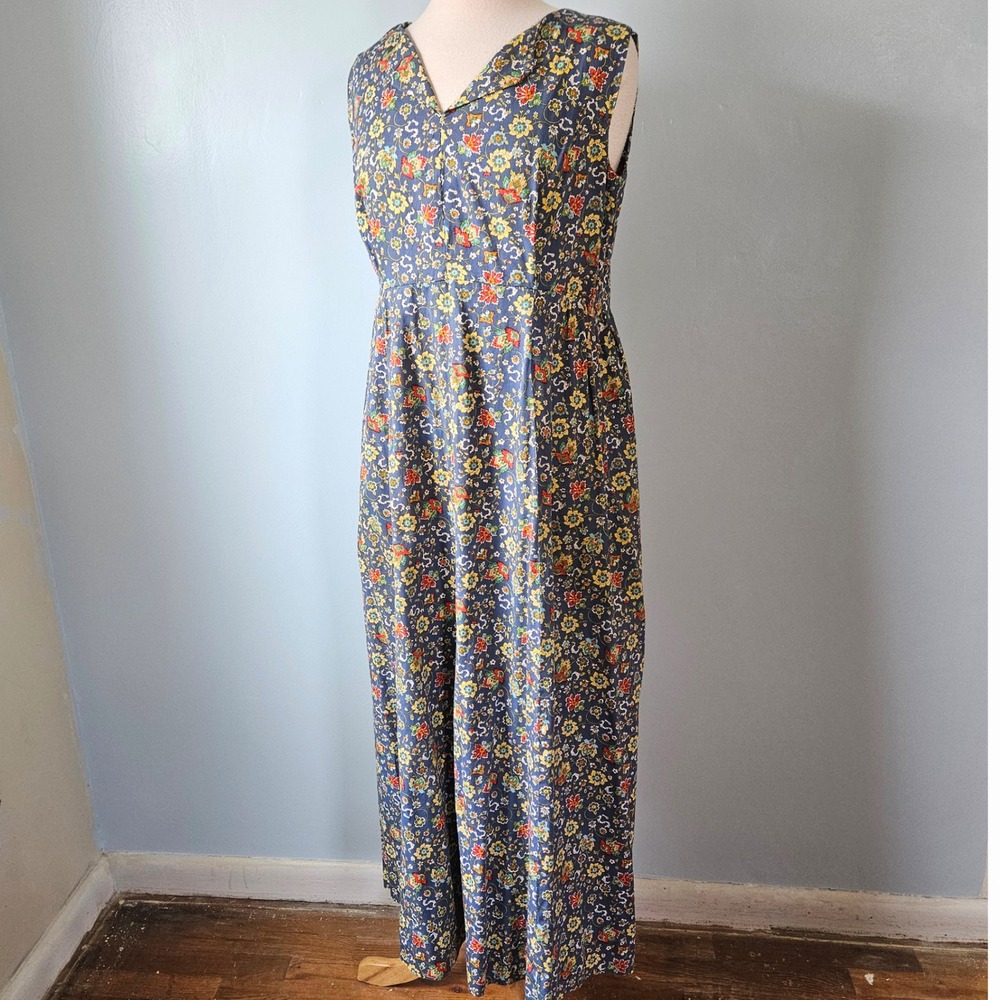 Vtg 1970s Blue Floral Maxi Dress Sleeveless V-Neck Calico Hippie Handamde M/L
